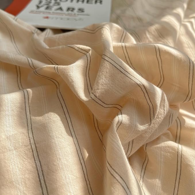 mixinni Retro Striped Duvet Cover Set Full Size - 100% Washed Cotton Beige Duvet Cover with Black White Stripes, Soft Breathable 3 Piece Comforter Cover with Zipper Closure & Corner Ties