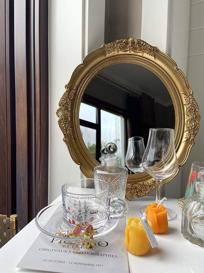 Vintage Carved Decorative Wall Mirror, Hanging Mirror for Dresser Decor Bedroom Living-Room, Cosmetics Jewelry Dresser Organizer Tray (15”x 13.4”) (Golden-Oval)
