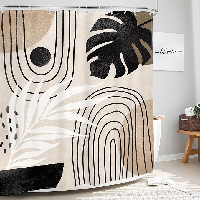 Glawry Boho Mid Century Shower Curtain Abstract Plant Tropical Palm Leaf Modern Minimalist Arch Geometric Bathroom Black Beige Brown 60Wx72L Inches Bath Accessories Art Home Decor Fabric 12 Pack Hooks