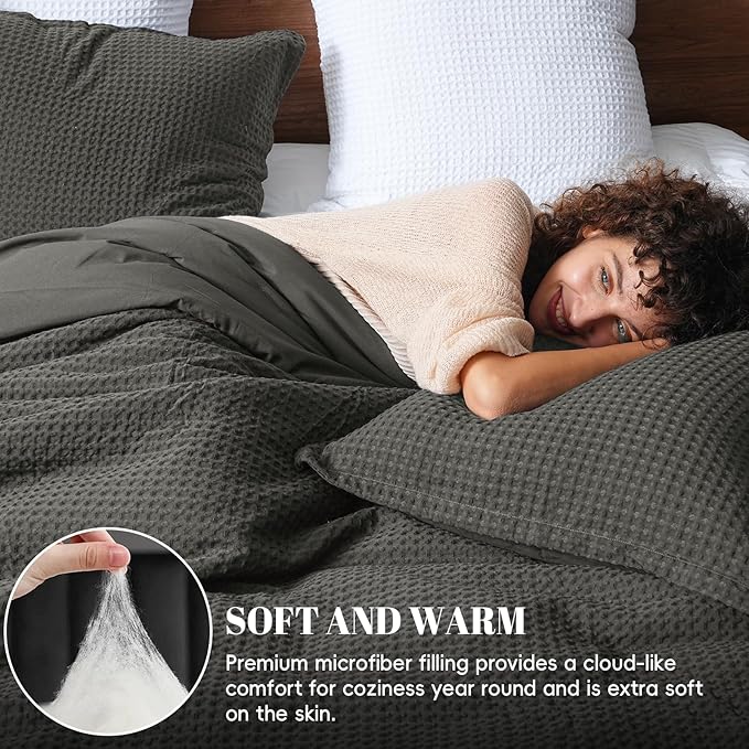 PHF Ultra Soft Waffle Weave Comforter Set King Size, 3 Pieces Lightweight Breathable Comfy Bedding Set, Comfy Textured 1 Comforter with 2 Pillow Shams, Grey
