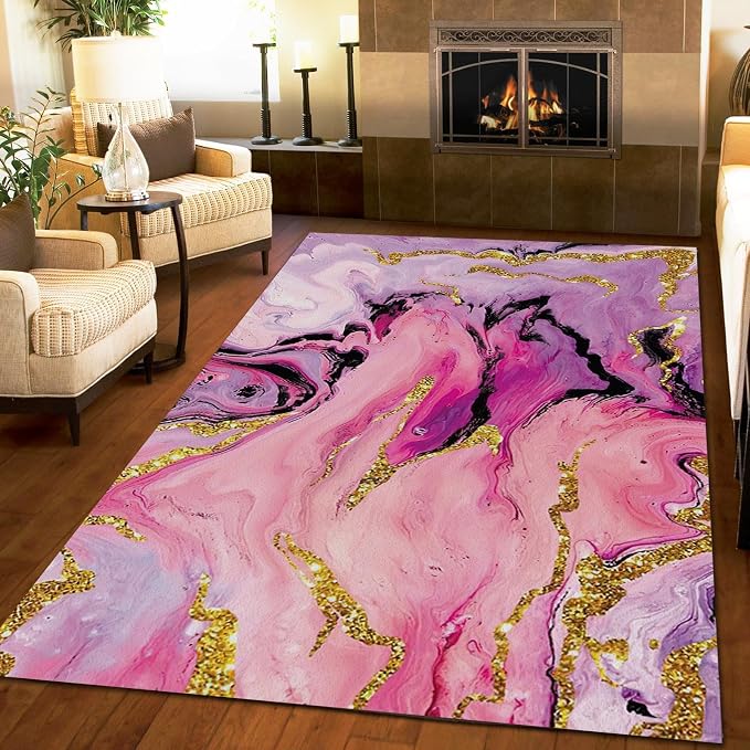 6x9 Area Rug Abstract Fluid Art Outdoor Carpet, Black Pink Purple Gold Marble Texture Rug with Non-Slip Backing Easy Can Be Washed for Living Room Bedroom Kitchen Dining Room Home Floor Rug