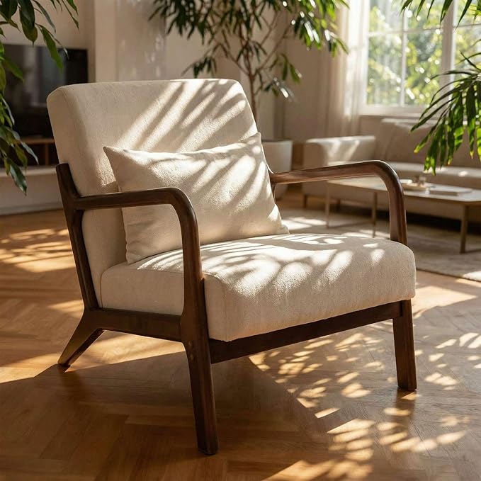 Mid Century Modern Accent Chair - Solid Rubberwood Frame Reading Armchair with Lumbar Pillow - Comfy Linen Lounge Chair for Living Room Bedroom Small Space - Heavy Duty 350lbs