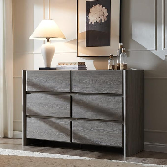 Modern 6 Drawers Dresser for Bedroom, 47" Wide Dresser w/Large Storage & Rounded Corner, Wood Handleless Chests of Drawers w/Natural Texture for Bedroom, Hallway, Living Room-Light Grey