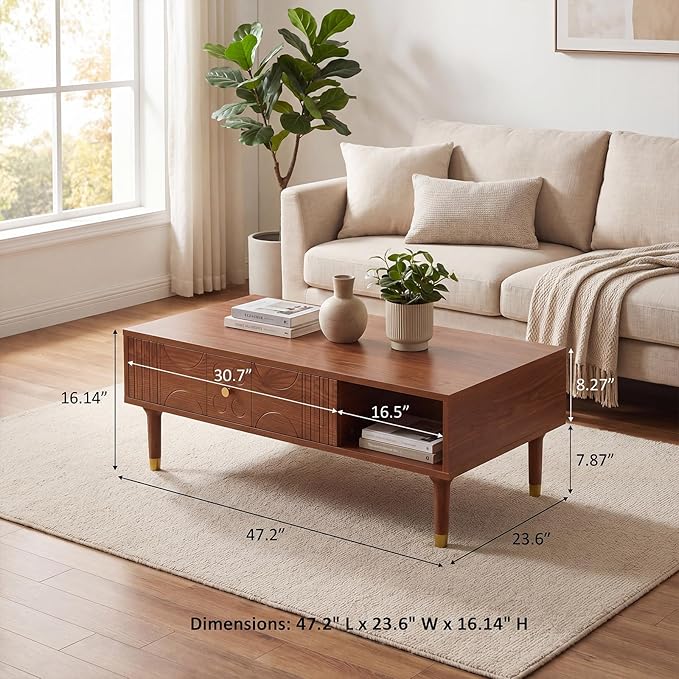 47.2" Coffee Table – Rustic Solid Wood & MDF Coffee Tables, Mid Century Modern Center Table with Tapered Legs for Living Room, Walnut