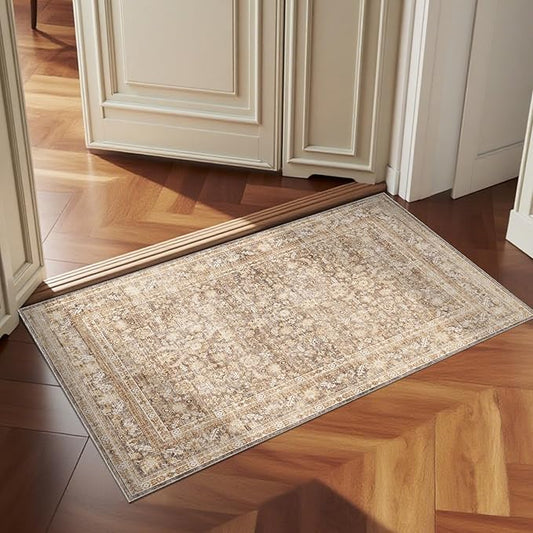 OPPODREAM Vintage Beige 2x3 Washable Rug, 2 x 3 Retro Door Mat Indoor Entrance Non Slip, Low-Pile Faux Wool Throw Carpet, Distressed Tan Floor Mat for Kitchen, Hallway, Entry-Way, Back Door