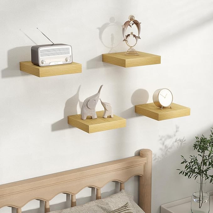Fun Memories Rustic Wood Floating Shelves for Wall, Space-Saving Wall Mounted Shelves for Bathroom, Bedroom, Living Room and Kitchen, Stylish Storage & Display (Set of 4, Oak, 8 in)