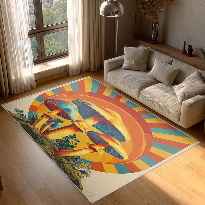 Mushroom Rugs for Home Decor, 5x8 ft, Mid Century Boho Sun Area Rugs for Living Room, Soft Non Slip Washable Retro Trippy Mushroom Carpet Bedroom Decorations Dt-Ghf-69