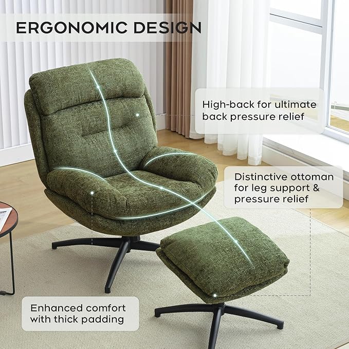 Swivel Accent Chair with Ottoman Set for Living Room, Chenille Comfy Reading Chair with High Back, TV Lounge Chair with 360 Degree Swiveling, Tilting for Bedroom, Modern Armchair with Footrest, Green