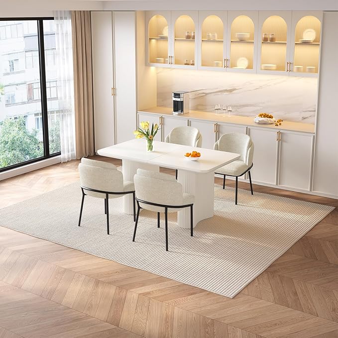 Dining Table Set for 4, 55.11" Rectangular Kitchen Table with 4 Chairs, 5-Piece Dining Set with Spacious Top & Waved Legs for Kitchen, Living Room, Home, Apartment, White