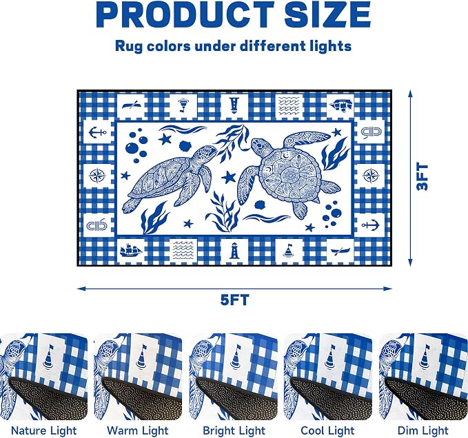 Sea Turtle Rug Coastal Ocean Print Floor Mat Blue and White Plaid Area Rug for Entryway Bedroom Living Room Nursery Kitchen Playroom Home Decor Non-Slip Washable Carpet,3'x5'