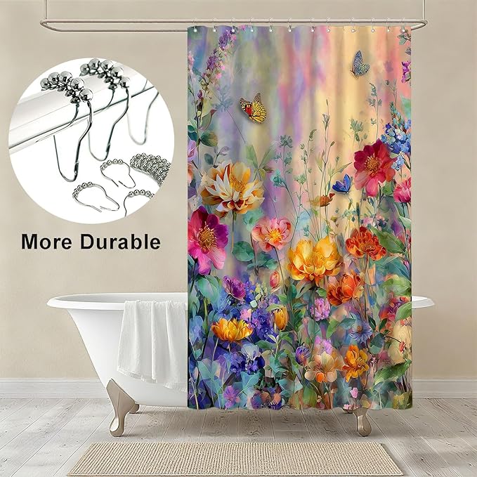 Wildflower Shower Curtain Colorful Flower Butterfly Shower Curtains for Bathroom Waterproof Fabric Bath Curtain Decor with Hooks