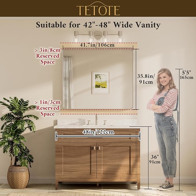 TETOTE Black Framed Mirrors for Bathroom, 42 x 36 Inch Modern Decorative Wall Mounted Rectangle Matte Framed Vanity Mirror (Horizontal/Vertical)