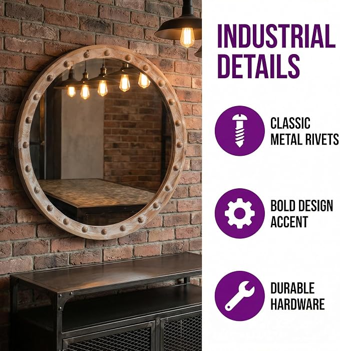 23.62'' Vintage Rustic Round Wall Mirror with Rivet Detail Frame & Pre-Installed Hanging, Decorative Mirror with Large Reflective Surface for Bathroom Bedroom Living Room, Natural
