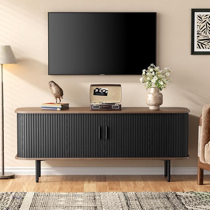 55''W Storage Cabinet, Fluted Sideboard Buffet Cabinet with Storage, Console Table Credenza with Tambour Slatted Sliding Doors and Shelves, Modern TV Stand for Living Room, Kitchen, Entryway, Black