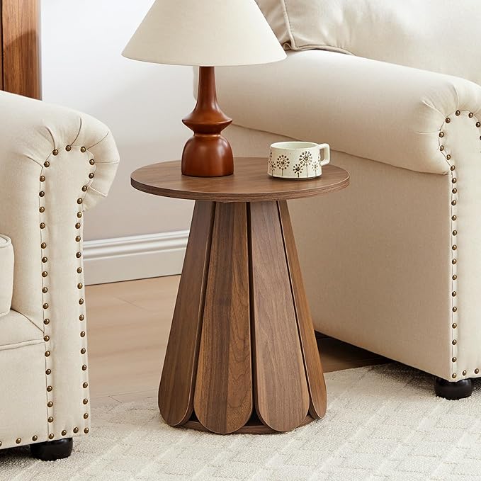 Small Round End Table Nightstand, Mid Century Modern Side Table, Circle Bedside Tables Wood Night Stand for Bedroom, Living Room, Small Space, Walnut