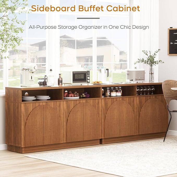 Yechen Walnut Fluted Sideboard Buffet Cabinet with Arched Reeded Design Doors, Mid Century Modern Credenza Storage Cabinet with Adjustable Shelves, for Living Room Kitchen Dinning Entryway/2 Pieces