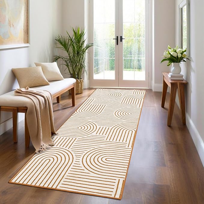 Modern Rug 2.5x8 Runners for Hallways, Abstract Kitchen Runner Rugs Non Slip Bath Runner, Rainbow Washable Rug for Bedroom, Soft Long Rugs for Entryway Bathroom Laundry Dorm, Orange