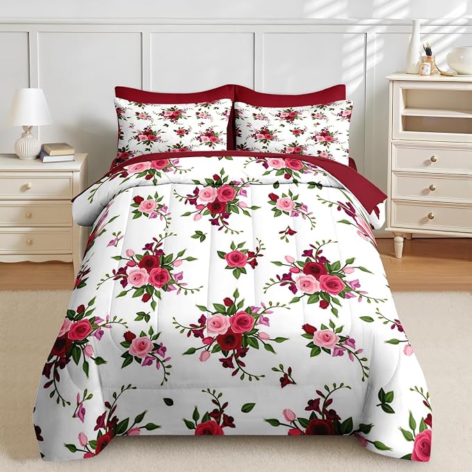 Nesker 5 Pcs Comforter Set Twin Size, Rose Flower Summer Bedding Set for Kids and Adults, Pink Red Floral Modern Bed Sheet Sets with Fitted Sheet Pillowcases & Shams