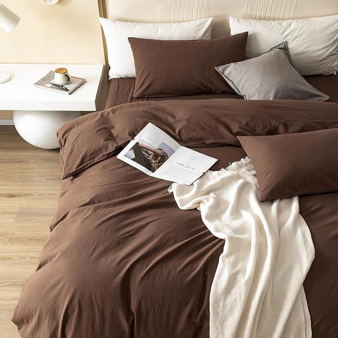 JIYUAN 100% Washed Cotton Duvet Cover Set 3 Pieces King, 1 Duvet Cover 104x90 Inches(Comforter Not Included) and 2 Pillowcases,Linen Feel Bedding Set Comfy and Breathable,Chocolate Brown