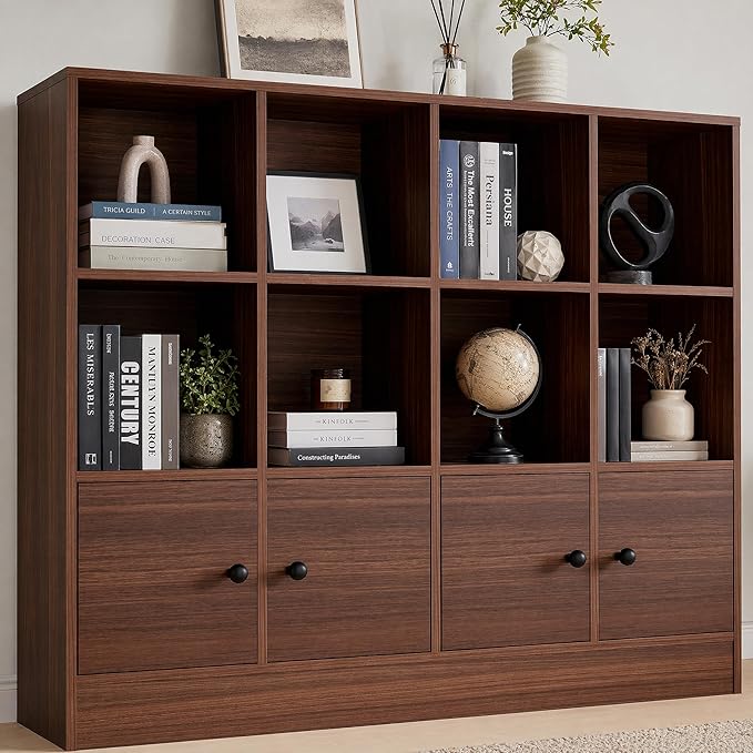 Cozy Castle Brown Wood Bookcase, 12 Cube Display Shelf with 4 Doors, 3 Tier Open Bookshelf with Adjustable Shelves for Living Room, Home Office, Entryway