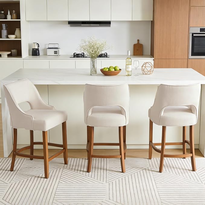 ClinQ Bar Stools Set of 2, 26" H Counter Height Bar Stools with Backs, Modern Upholstered Accent Barstools with Curved Footrest for Kitchen Island, Dining Room and Bar, Beige-Walnut Legs