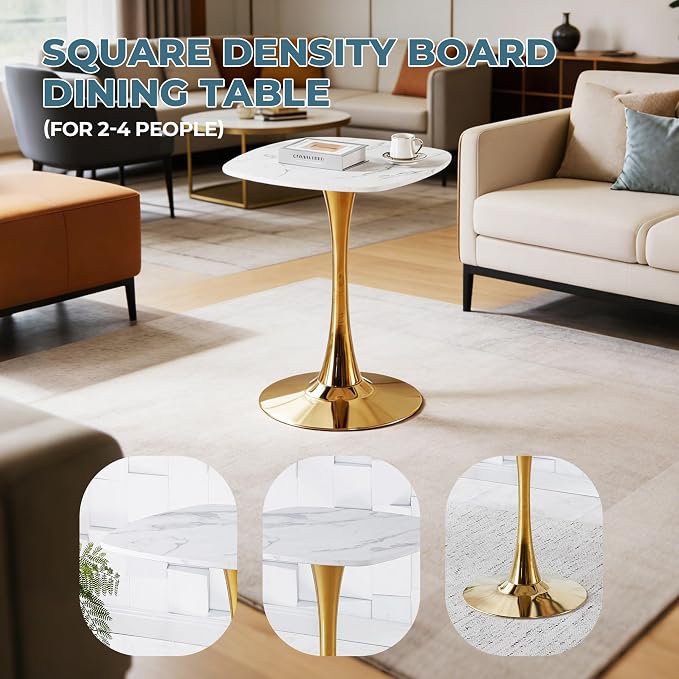 White and Gold Square Dining Table for 2 4 6, 23.62 inches Special Kitchen Table with Tulip Shape & Metal Pedestal Base, Mid Century Modern Bistro Tulip Table for Kitchen, Small Space, Cafe