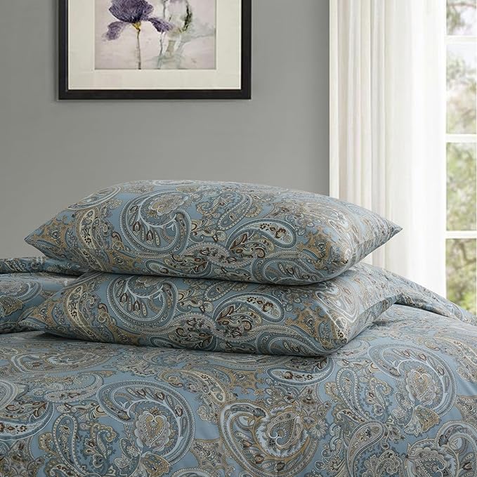 100% Cotton Duvet Cover Queen Size Blue Boho Paisley Pattern Duvet Cover Sets with Zipper Closure 3 Pcs Soft & Breathable Luxury Bedding Sets