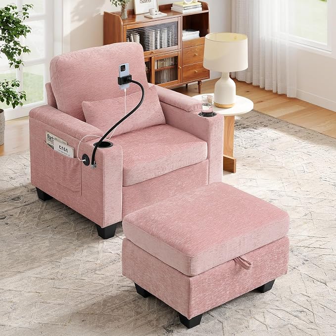 Small Chaise Lounge Chair Indoor with Ottoman&Adjustable Backrest,Chenille Tufted Recliner Comfy Sofa Chair with USB,Phone Holder&Storage Arms,Convertible Sleeper Couch Bed for Living Room(37"W,Pink)