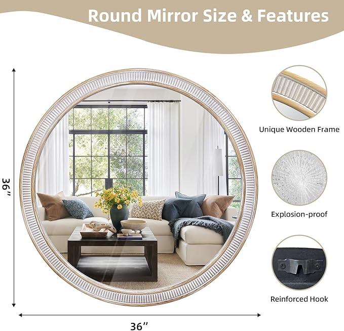 HOITUZYUS 36 Inch Large Round Wood Wall Mirror, Rustic Farmhouse Decorative Circle Mirrors for Bathroom Vanity, Entryway, Living Room, Bedroom, Foyer