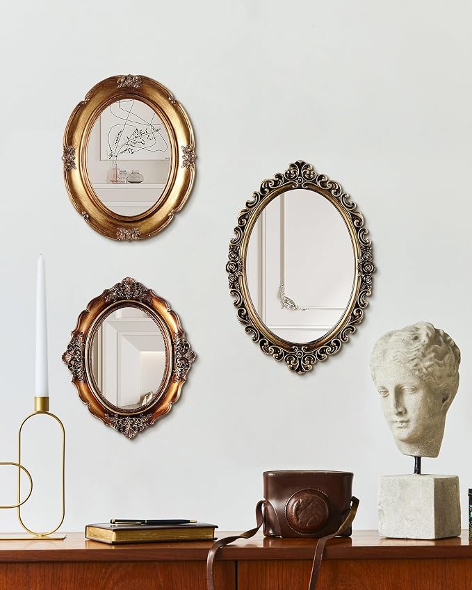 Wonderjune 3 Pcs Vintage Gold Mirror Set for Wall Decorative Resin Frame Ornate Antique Hanging and Tabletop Mirror for Home Dresser Gallery Decor Photography Props Gift (Retro Style)