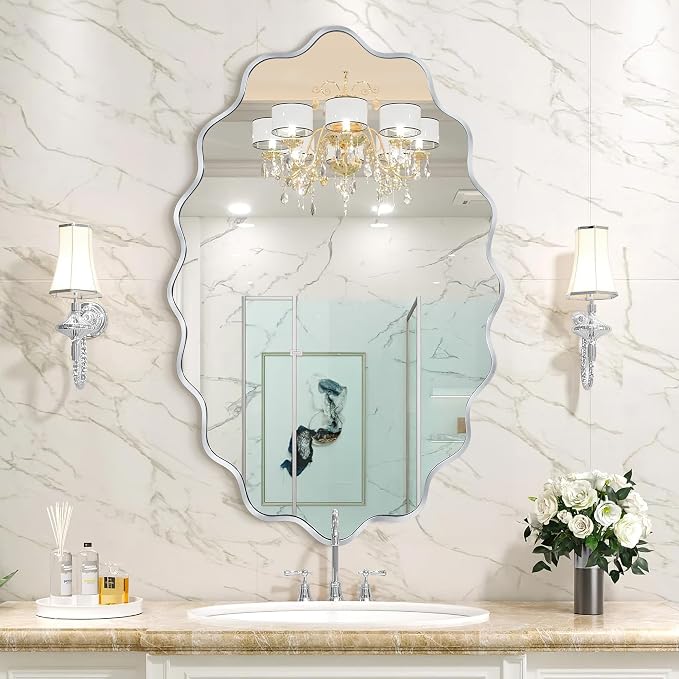 Oval Wavy Wall Mirror -Irregular Wall Mirror with Silver Asymmetrical Aluminum Alloy Frame,24"x36" Decorative Wall Mirrors for Bathroom, Bedroom, Living Room, Dining Room，Entryway