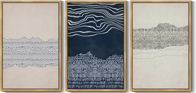 KUVIOKE Navy Blue Abstract Framed Wall Art Modern Neutral Minimalist Wooden Pastel Boho Wall Decor Farmhouse Rustic Art Painting Home Decor 24x36in (Natural Framed)