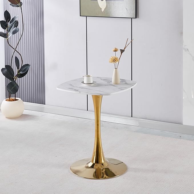 White and Gold Square Dining Table for 2 4 6, 23.62 inches Special Kitchen Table with Tulip Shape & Metal Pedestal Base, Mid Century Modern Bistro Tulip Table for Kitchen, Small Space, Cafe