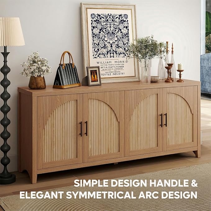 Bestier 70" Sideboard Buffet Cabinet with Storage, Boho Credenza Storage Cabinet, Farmhouse Arch Fluted Doors & Adjustable Shelves, Wood Long Buffet Cabinet for Living Room, Entryway, English Oak