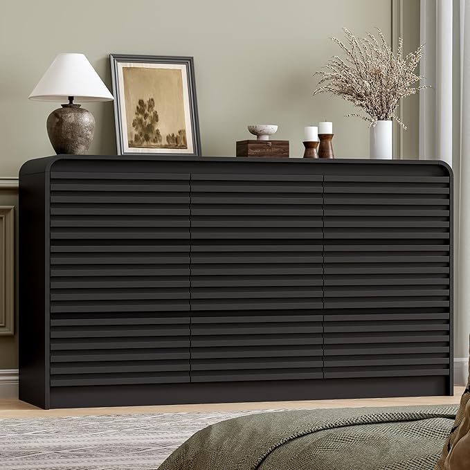 Fluted 9 Drawer Dresser for Bedroom, 59" Wide Wood Chests of Drawers with Curved Profile, Mid Century Modern Dresser with Large Storage & Hidden Handle for Living Room, Hallway, Black