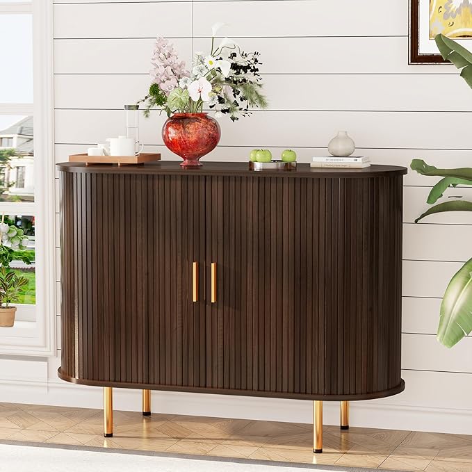 DHH Sideboard Buffet Cabinet with Storage,Mid Century Modern Fluted Accent Coffee Bar Console Table,Tambour Sliding Doors& Adjustable Shelf for Kitchen, Living Room, Entryway(Dark Walnut, 40 Inch)
