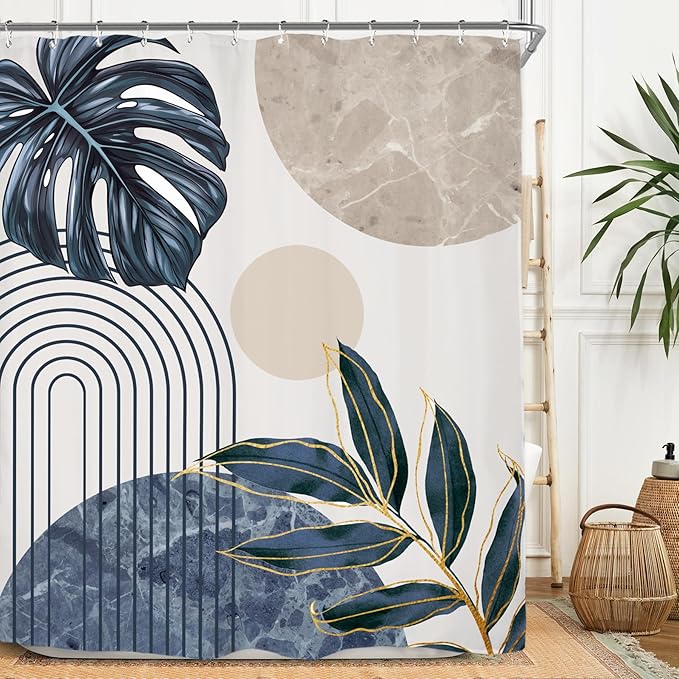 Miyotaa Abstract Blue Shower Curtain Set 60Wx71H Inches Minimalist Aesthetic Modern Contemporary Plant Leaves Neutral Monstera Polyester Waterproof Cloth Bathroom Curtain with 12 Hooks
