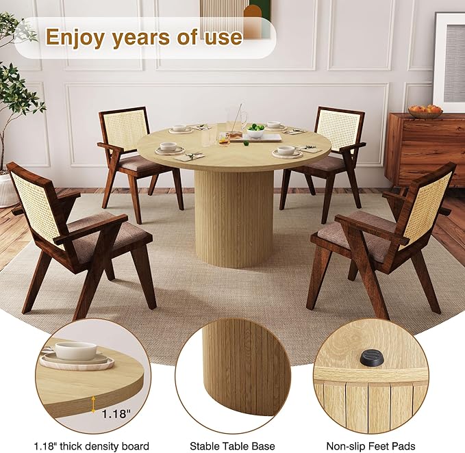 QHITTY Fluted Round Dining Table, 47-inch Wood Kitchen Table Table for 4, Farmhouse Circle Table with Strip Base for Kitchen, Living Room, Natural