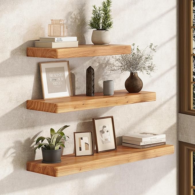 Fun Memories 18 Inch Floating Shelves for Wall, Solid Elm Wood Wall Shelf for Home Decor, Rustic Wooden Bathroom Shelves Set of 2, Heavy-Duty Hardwood Floating Shelf for Bedroom, Kitchen, Living Room
