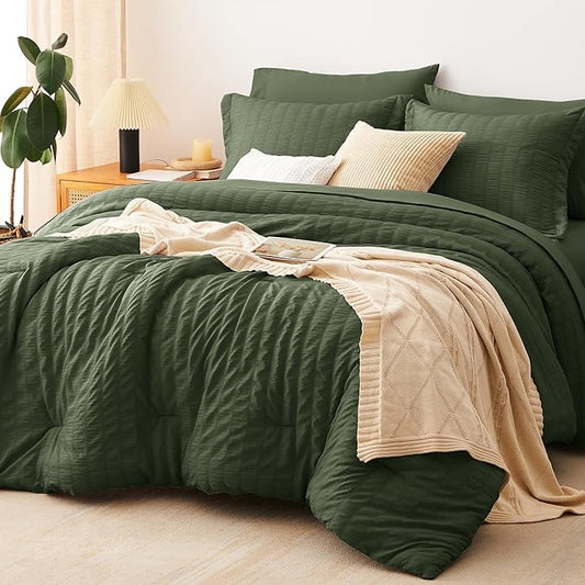 CozyLux California King Comforter Set with Sheets 7 Pieces Olive Green Seersucker Bed in a Bag, Cal King All Season Bedding Set with Down Alternative Comforter, Sheets, Pillowcases & Shams, Home Gift