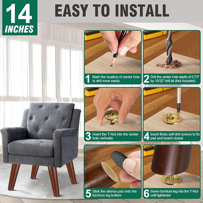 FoDau770 Brown Rubber Wood Furniture Legs 14 Inches, 5/16" UNC Slant Tapered Wood Feet Mid Century Sofa Legs, Wooden Furniture Feet Replacement Parts for Cabinet Couch Dresser Chair Ottoman Table
