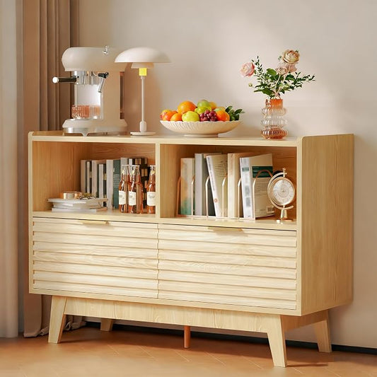 Fluted Buffet Sideboard Oak, Modern Storage Cabinet w/Cord Cutout, Accent Cabinet with Solid Wood Legs, Console Table w/Swing Doors & Open Shelves, Credenza for Living Room, Hallway, Entryway