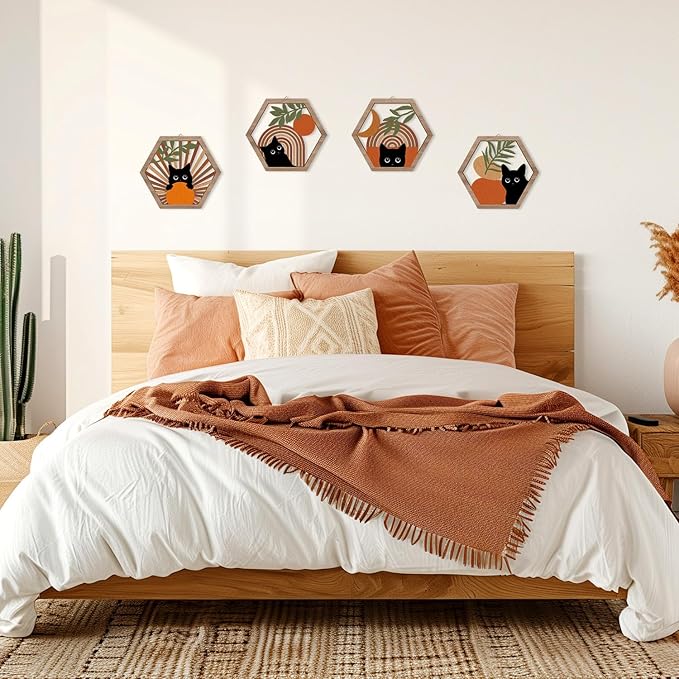 HPNIUB Boho Black Cat Wall Decor, Farmhouse Geometric Hanging Wooden Wall Art, 4 Pieces 11''x9.8'' Mid Century Bohemian Abstract Moon and Sun Wood Sign for Nursery Bedroom Decoration, Lovely Cat Gifts