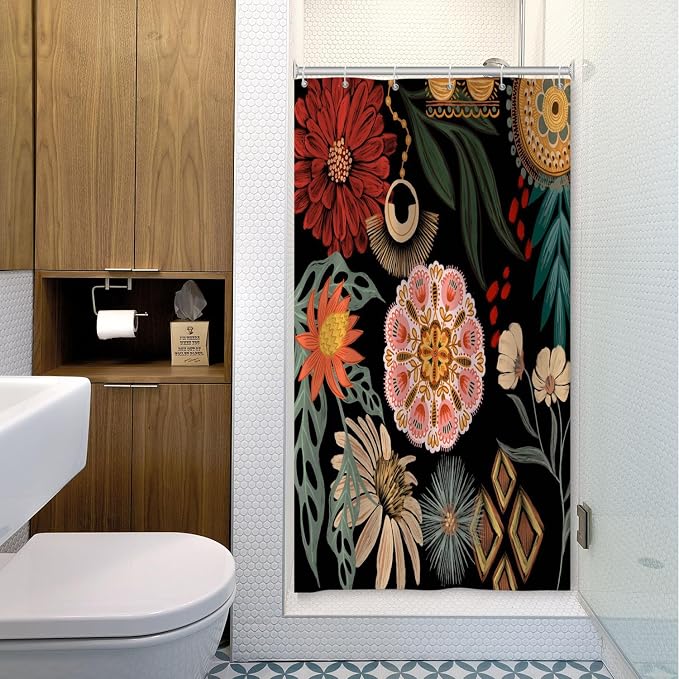 Black Boho Floral Shower Curtain Abstract Botanical Mid Century Modern Bathroom Decor Tropical Flower Shower Curtain with 6 Hooks,36x72 inches