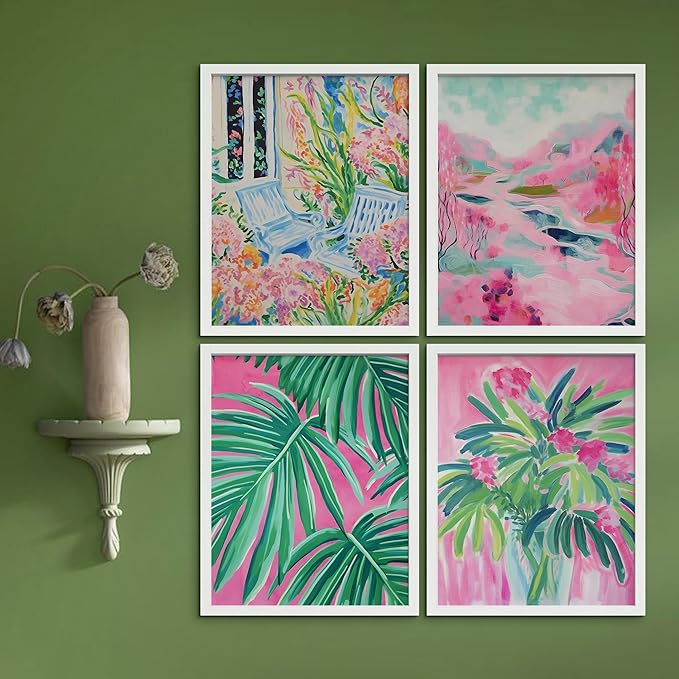 SIGNWIN Framed Tropical and Floral Bright Botanical Preppy Room Decor Pink Decor Digital Art Modern Art Decorative Multicolor Scenic for Bedroom - 12"x16"x4 White
