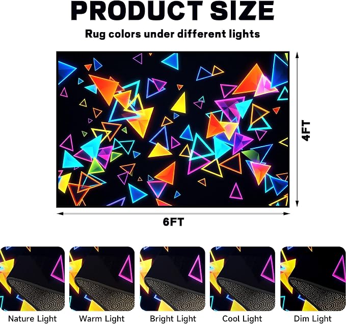 Triangle Area Rug 4'x6' Blacklight Glow in The Dark Geometric Rug Non-Slip Washable Colorful Neon Light Floor Mat for Bedroom Living Room Nursery Kitchen Playroom Home Decor