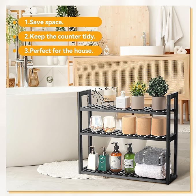 Wood Bathroom Shelf, 3-Tier Adjustable Shoes Rack&Plants Rack, Wall-Mounted or Stand for Living Room (Black)