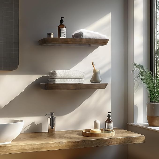 Wood Floating Shelves for Wall 16 Inch (Set of 2) - Floating Bathroom Shelves for Room Wall- Small Wall Mounted Shelf for Bedroom Kitchen Living Room - 8 inch deep, American Walnut, Matte
