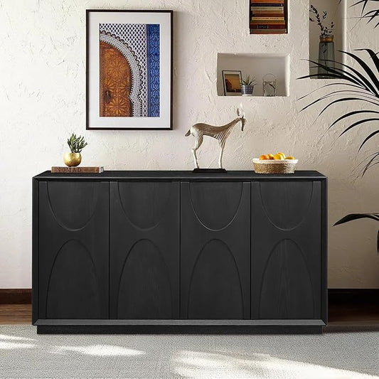 LKTART 59" Sideboard Buffet Cabinet Retro Accent Storage Cabinet with Magnetic Door Latches Adjustable Shelf for Living Room Kitchen(Black)