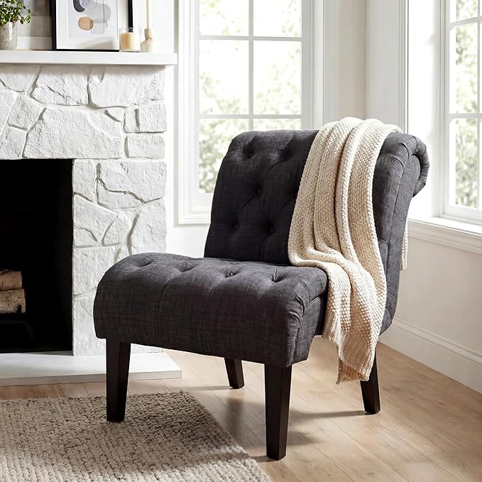 Tufted Upholstered Accent Chair for Living Room Bedroom Lounge Chair Armless Linen Slipper Chair with Wood Legs Gray